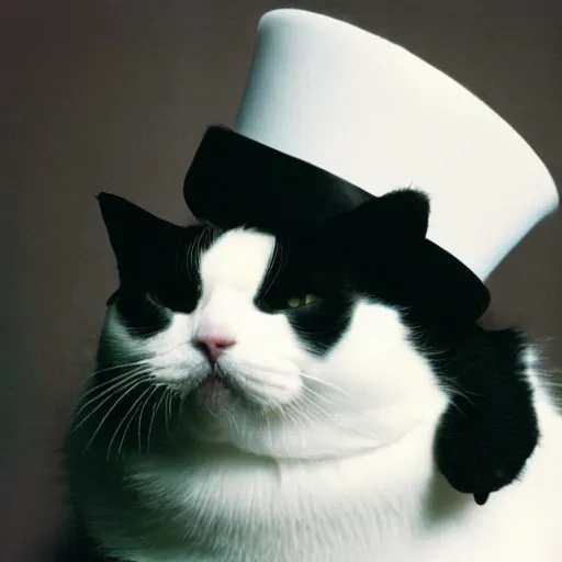 Prompt: obese cat extra fluffy wearing an obese top hat anscochrome.