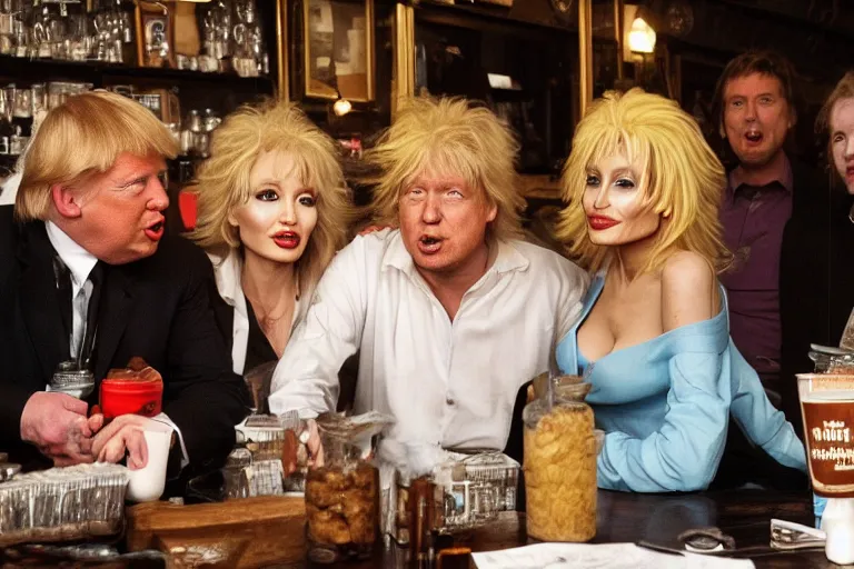 Image similar to Angelina Jolie, boris johnson, The Alien from the movie 'Alien', dolly parton, donald trump are best friends, drinking shots of tequila and snorting cocaine, central perk coffee shop, still photo, hyperrealistic, 35mm, 8k, by weta digital