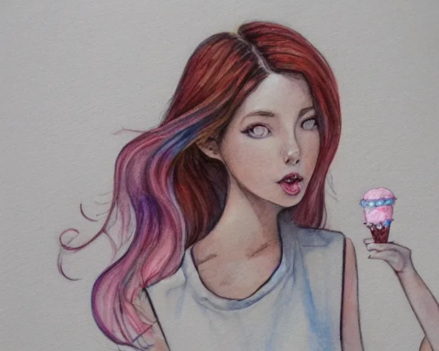 Image similar to a girl with the ice cream watercolor colored pencil painting trending on artstation