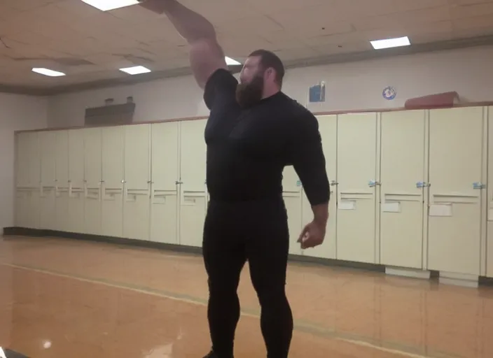 Prompt: big hairy burly strongman in private high school locker room