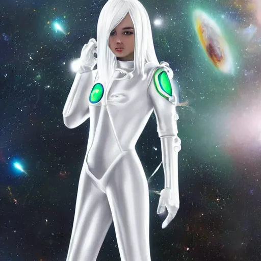 Image similar to beautiful white haired woman dressed in see through space suit in the style of zezhou chen highly detailed, smooth, sharp focus