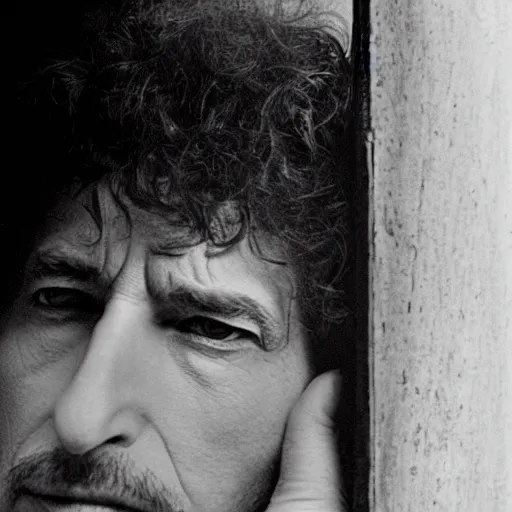 Prompt: closeup of a keyhole with bob dylan peering in on the other side