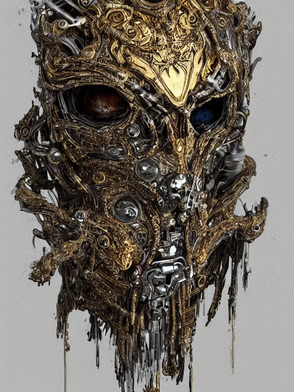 Image similar to portrait art of 8k ultra realistic wither walker,intricate gold crown, detailed intricate ornate armour,decaying, cybernetic, full of colour, cinematic lighting, battered, trending on artstation, 4k, hyperrealistic, focused, extreme details,unreal engine 5, cinematic, masterpiece, art by ayami kojima, giger