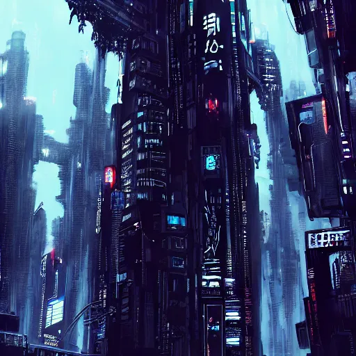 Image similar to Fully dark cyberpunk city with one building in the middle with only one window shining in style of Tsutomu Nihei. ArtStation, Cyberpunk, Vertical Symmetry, 8K, Highly Detailed, Intricate, Album Art.