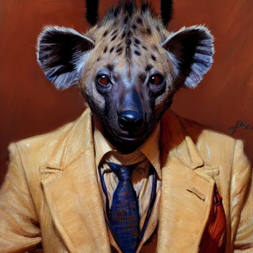 Image similar to a portrait of a hyena wearing a suit and smiling at the viewer. highly detailed painting by gaston bussiere, craig mullins, j. c. leyendecker 8 k