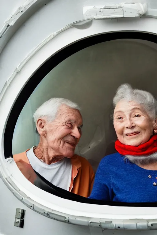 Image similar to photo of glamorous elderly couple in a spaceship with a window looking out to orbit