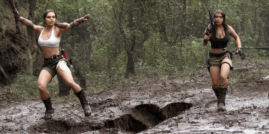 Prompt: Mila Kunis as a muscled Lara Croft sliding down a muddy slope towards an ancient sewer