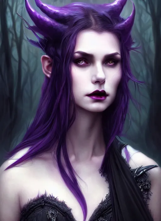 Image similar to frontal portrait dark witch, adventurer outfit large cloak, fantasy forest landscape, dragon scales, fantasy magic, undercut hairstyle, witch purple black fade hair, dark light night, intricate, elegant, sharp focus, illustration, highly detailed, digital painting, concept art, matte, art by wlop and artgerm and greg rutkowski and alphonse mucha, masterpiece