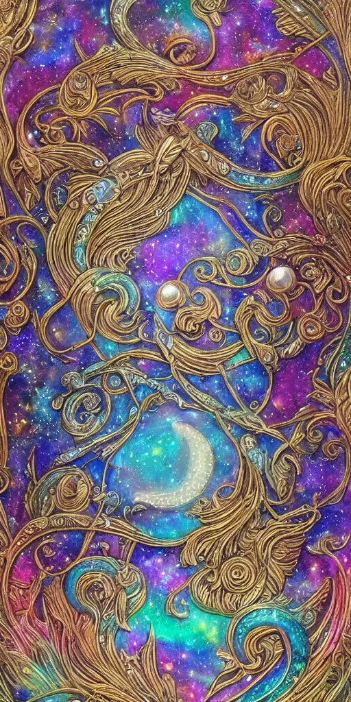 Image similar to intricate colourfully painted carved Soapstone relief paneling, iridescent, pearl and pale blue toned, celestial, cosmos, galaxies, planets, divinity, moon goddess, mother earth, Earth Goddess mythology, Gaia, angels, dream atmosphere, bright colors, vivid colors, Ghostly, crystaline celtic, insanly detailed , artstation, wallpaper, hyper realistic, realistic lighting