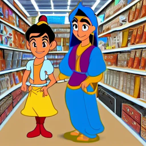 Image similar to aladdin and jasmine in electronics store picking up a flying drone, old 2 d disney artstyle