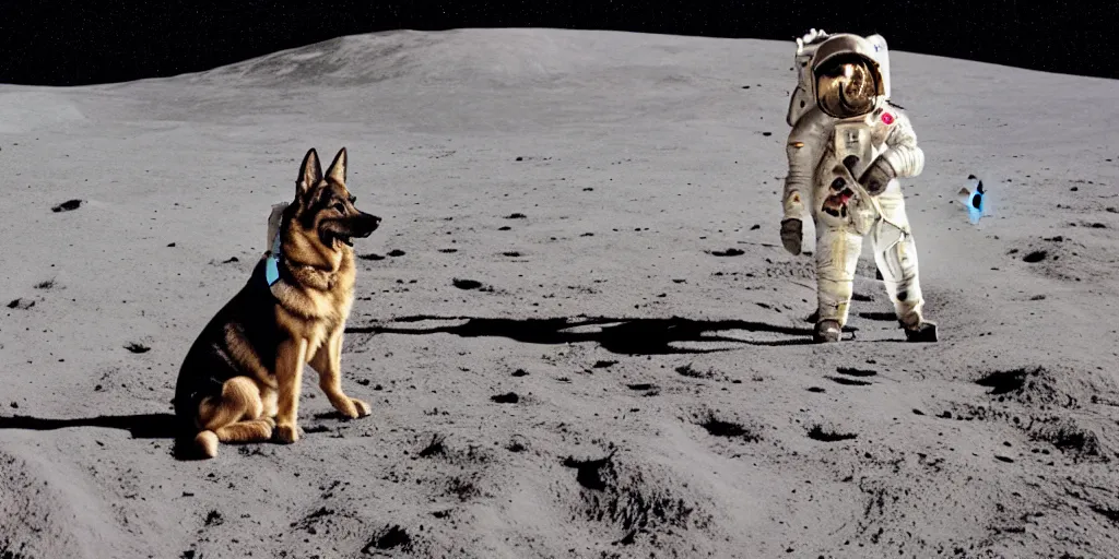 Image similar to high resolution colour photograph of a german shepherd on the moon surface, wearing a space suit, portrait, very detailed, realistic, shot on digital camera