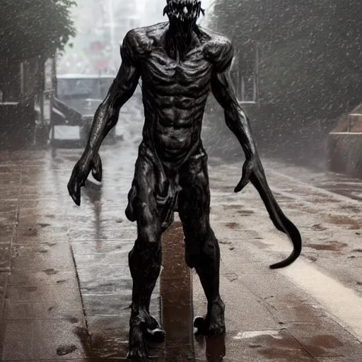 Image similar to demonic figure standing in the rain after big battle soldiers dead behind him dark award winning, trending on artstation, unreal engine