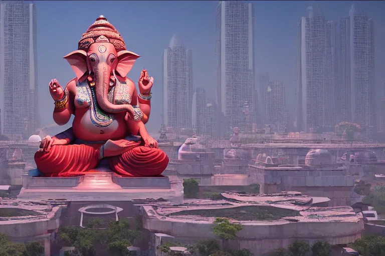 Prompt: beautiful futuristic new delhi, sharp sci - fi ganesha!! building, kalighat flowers, octane highly detailed cinematic, stephen shore & john j. park, soft morning light, wide shot, aerial shot, uhd 8 k, shallow depth of field