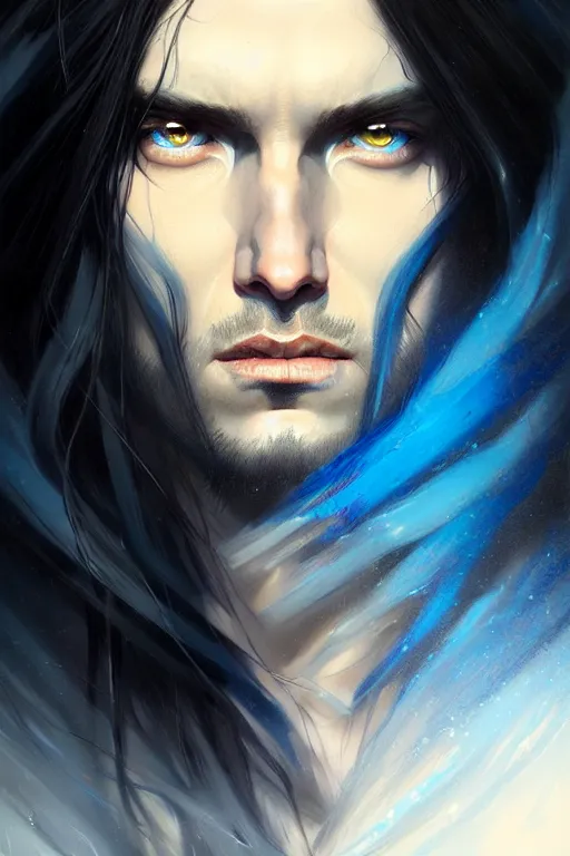 portrait of a man with long black hair and bright blue | Stable ...