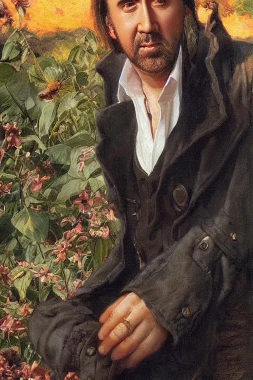 Image similar to Nicolas Cage, golden hour, in a garden, artstation, by J. C. Leyendecker and Peter Paul Rubens,