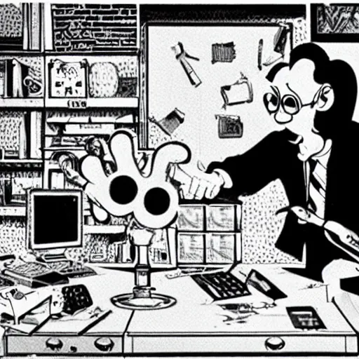 Image similar to a black and white photograph of a man destroying a computer until it sparks, by gary baseman, by robert crumb, by jim henson, photorealistic, surreal, soft lighting, deep shadows, film photography