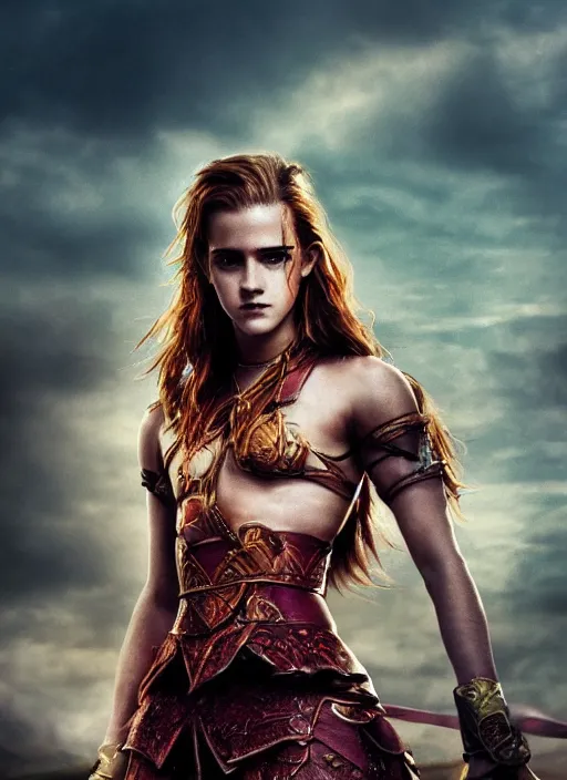 Image similar to hyper realistic photo of warrior pincess emma watson, full body, rule of thirds, conceptart, saturated colors, cinematic,