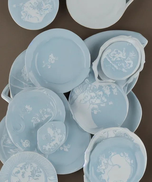 Prompt: pale blue jasperware with white cameo decoration
