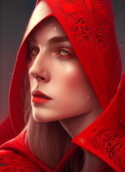 Image similar to symmetry!! portrait of a red hooded wizard, fantasy, intricate, elegant, highly detailed, digital painting, artstation, concept art, smooth, sharp focus, illustration, art by artgerm and greg rutkowski and alphonse mucha