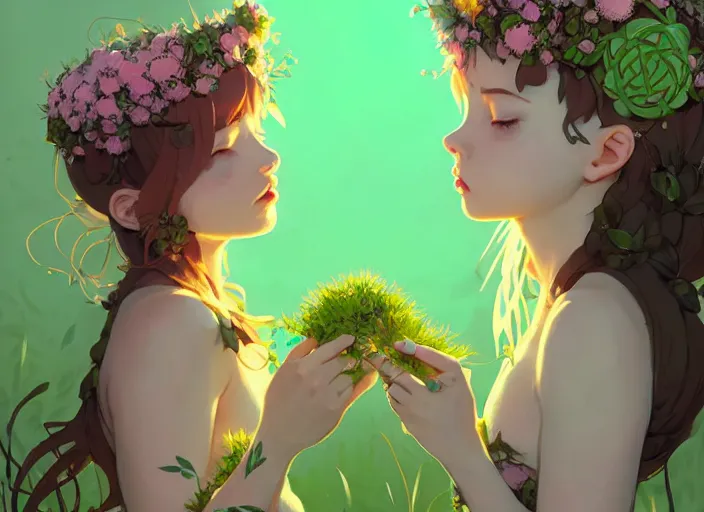 Prompt: two cute fairy girls kissing with crown of flowers in plants bikini covered with celtic rune tattoos, fantasy, by atey ghailan, by greg rutkowski, by greg tocchini, by james gilleard, by joe gb fenton, by in kaethe butcher, dynamic lighting, gradient light green, brown, blonde cream and white color in scheme, grunge aesthetic