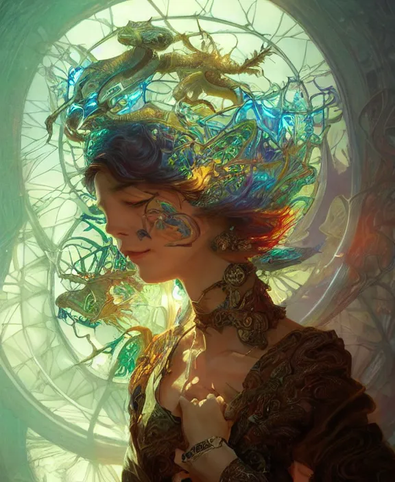 Image similar to a whirlwind of souls rushing inside the metaverse, half body, glowin eyes, jewelry, insect, lizard, d & d, fantasy, intricate, elegant, highly detailed, colorful, vivid color, digital painting, artstation, concept art, art by artgerm and greg rutkowski and alphonse mucha and ruan jia