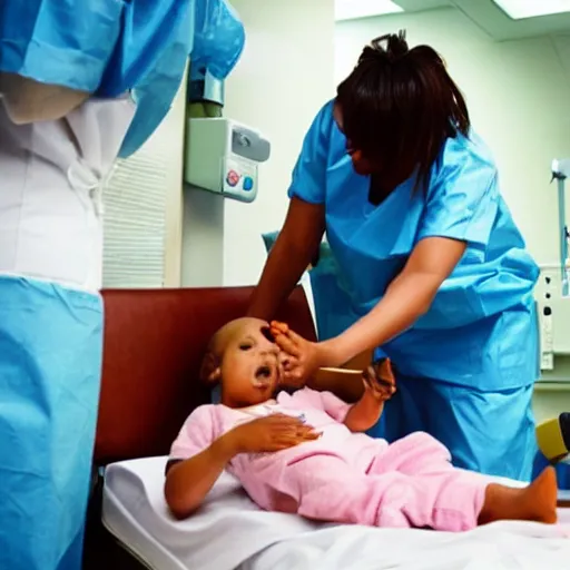 Image similar to “ sensual zonbie nurse treating childs in a hospital, artwork ”