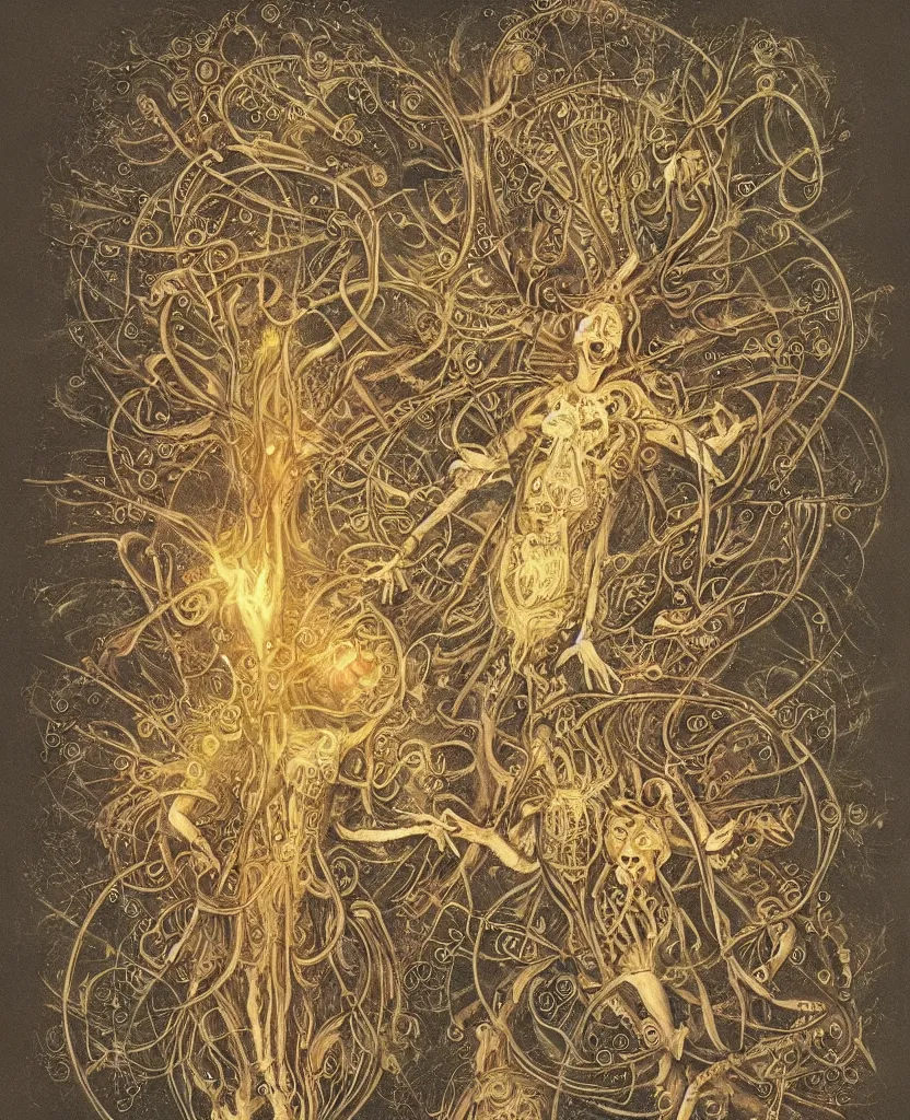 Image similar to whimsical freaky creature sings a unique canto about'as above so below'being ignited by the spirit of haeckel and robert fludd, breakthrough is iminent, glory be to the magic within, painted by ronny khalil