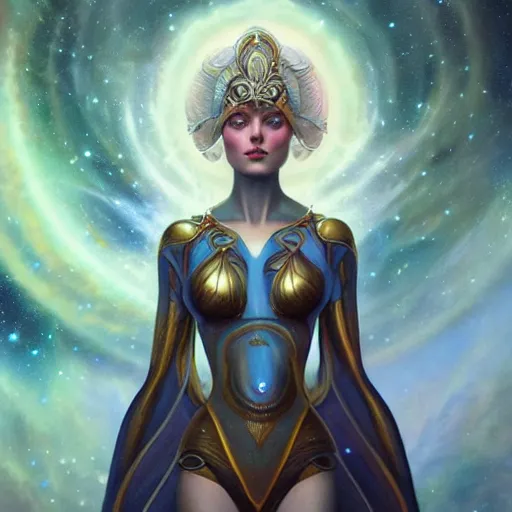 Prompt: a beautiful portrait of a cosmic goddess by Jim Burns and Tom Bagshaw, Trending on Artstation, nebula background, fantasy, intricate, wild, highly detailed, digital painting, artstation, concept art, smooth, sharp focus, illustration