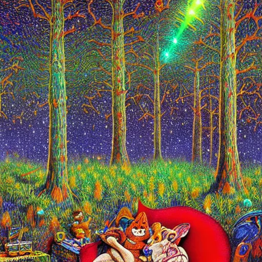 Image similar to psychedelic couch sofa in the pine forest, milky way, designed by moebius, rob gonsalves, gustav dore, giuseppe arcimboldo and carl barks, louis wain, trending on artstation, canada, star, sharp focus, colorful refracted sparkles and lines, soft light, 8 k 4 k