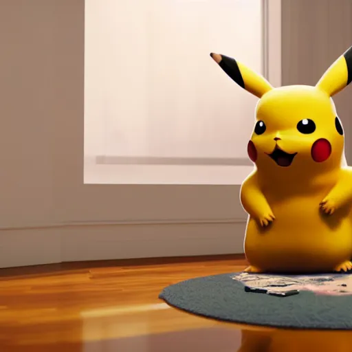 Image similar to Pikachu taking a bong rip while sitting on the couch, unreal engine 5, octane render, cgsociety, living room interior, soft lighting, ray tracing