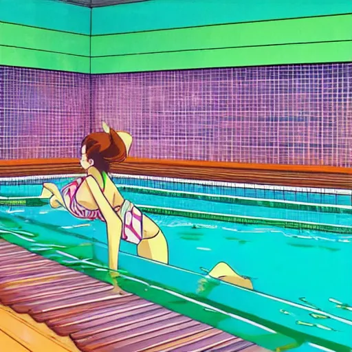 Image similar to girl swimming in an indoor pool in hungary, sprite, vaporwave nostalgia, green and white color palette, directed by beat takeshi, visual novel cg, 8 0 s anime vibe, kimagure orange road, maison ikkoku, sketch by osamu tezuka, directed by makoto shinkai and beat takeshi