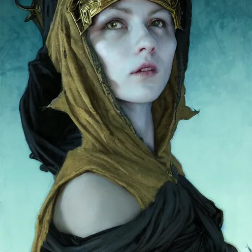 Image similar to masterpiece portrait of a clothed hooded surly and resentful female tiefling thief with horns under the hood, by Greg Rutkowski and John Collier and Krenz Cushart and Artem Demura and Alphonse Mucha and Albert Aublet, as seen on ArtStation, 4k, dungeons and dragons, very aesthetic, very detailed, intricate, unreal, fantasy, dramatic, painterly, artstation, sharp focus, smooth