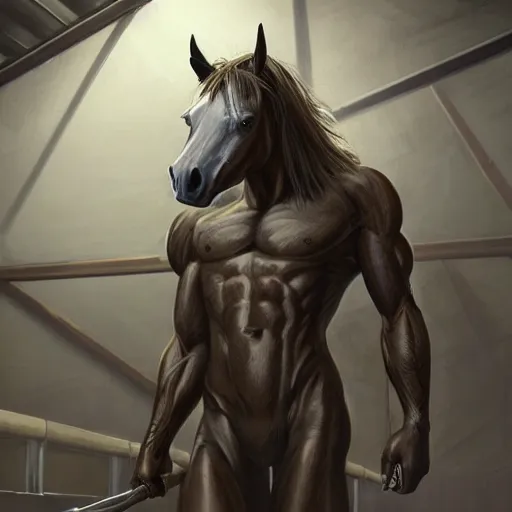 Image similar to an enormously muscular anthro horse in a research facility wearing a skintight body armor, exaggerated physique, long white mane, equine, anthro art, furaffinity, highly detailed, digital painting, artstation, concept art, illustration, art by artgerm, greg rutkowski, ruan jia