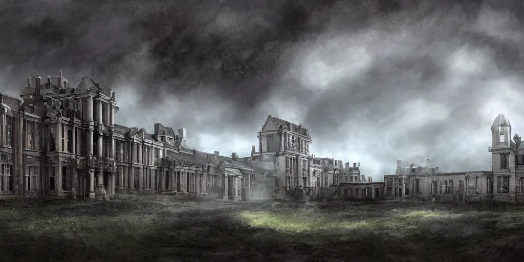 Image similar to Lunatic Asylum, majestic, mysterious, epic scenery, dark fantasy, concept art, wide angle