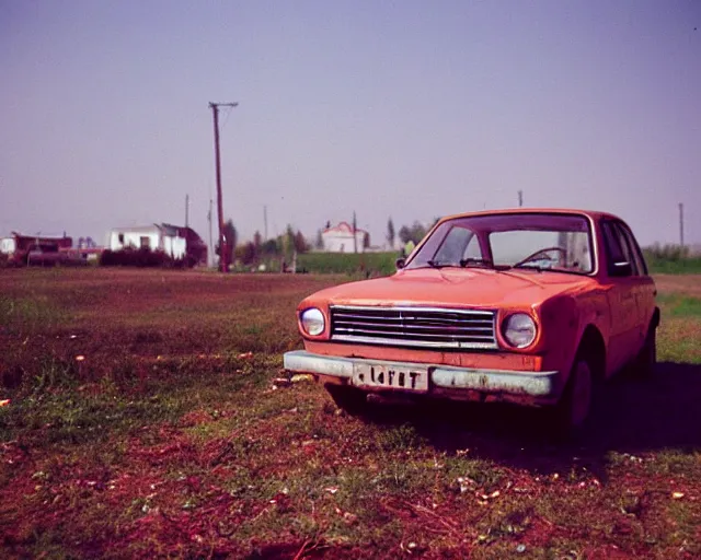 Image similar to a lomographic photo of old lada 2 1 0 7 standing in typical soviet yard in small town, hrushevka on background, cinestill, bokeh