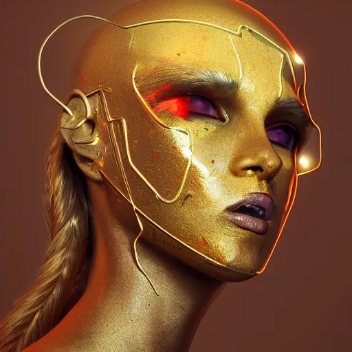 Image similar to portrait of an evil beautiful woman, marble skin, golden helmet, golden splatters, high - tech, cyberpunk, by kim jung gi, irakli nadar, intricate linework, bright colors, octane render,