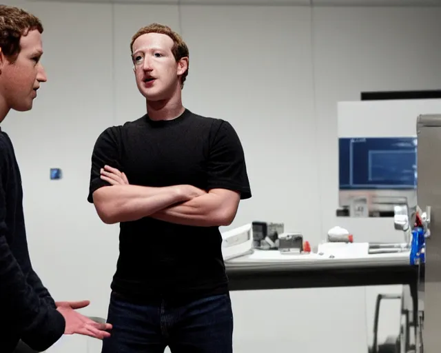 Prompt: mark zuckerberg plays terminator in scene where his endoskelet gets exposet, action film scene