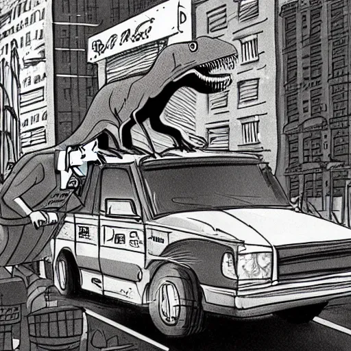 Image similar to animated tyrannosaurus skateboarding on a truck through new York City, cartoon, 1993, by amblimation, by universal pictures