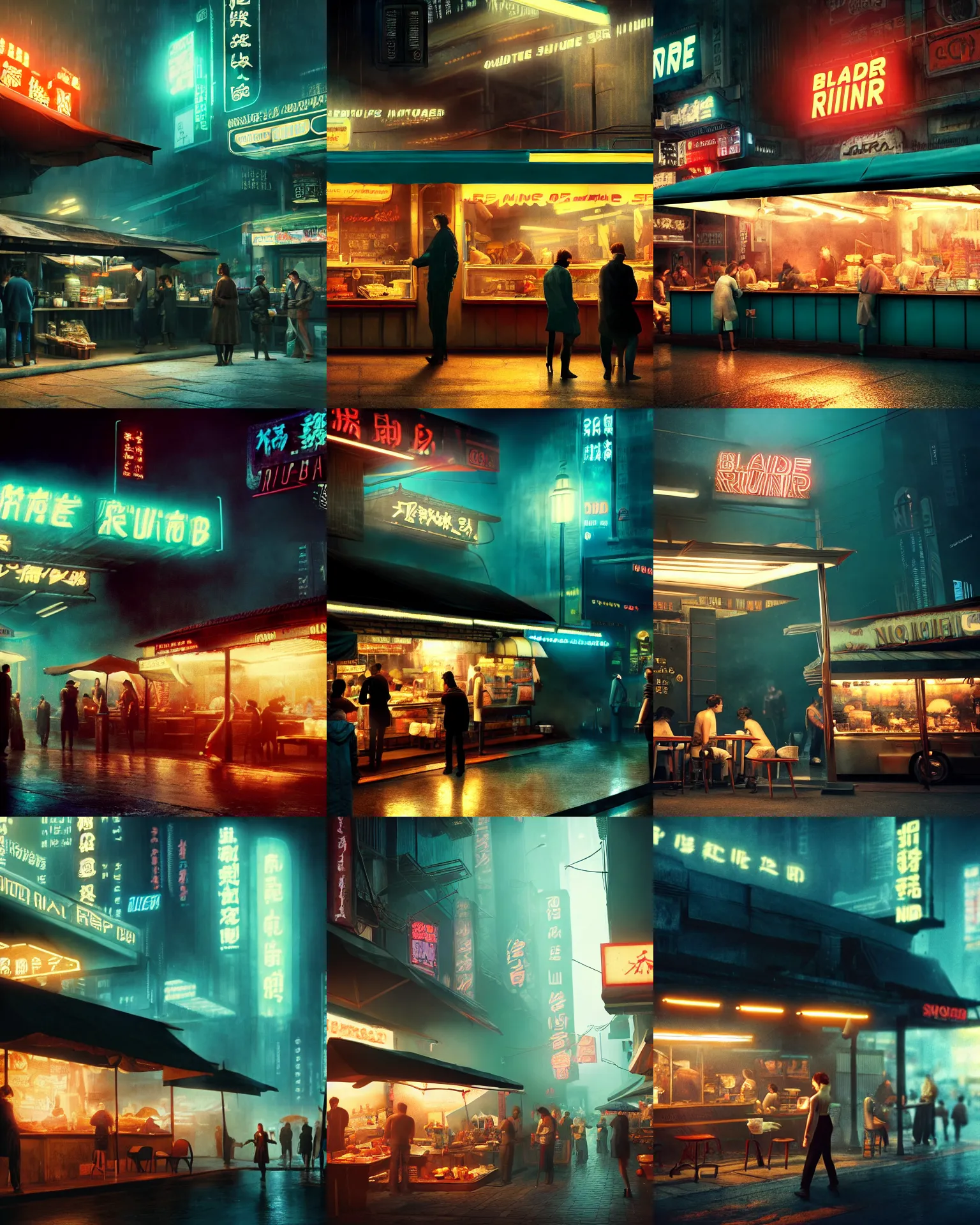 Prompt: blade runner movie still of an outdoor noodle stand, establishing shot, customers eating at the outdoor noodle stand, steamy, dark teal lighting, hard dramatic lighting, unreal engine, hyper realism, realistic shading, cinematic composition, blender render, octane render, hdr, detailed textures, photorealistic, sharp focus, wide shot