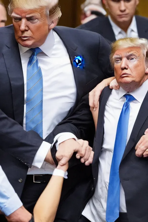 Prompt: Donald Trump being led away in handcuffs, perp walk, arrested