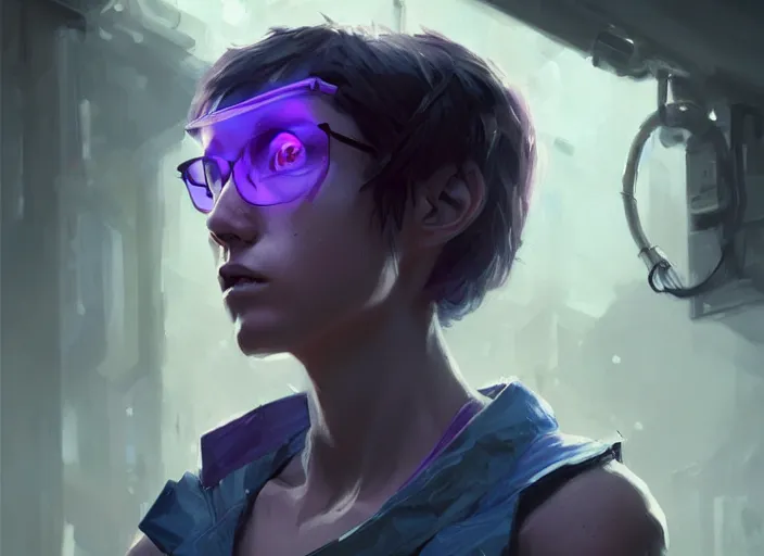 Image similar to a pissed right off genetically engineered nerd, by greg rutkowski, blue and purple lighting, digital art, ultra realistic, ultra detailed, photorealistic, 4 k, character concept