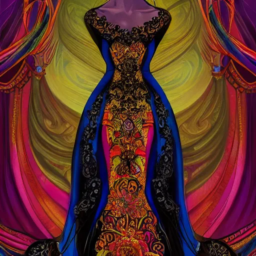 Prompt: A beautiful and mysterious woman in an intricate and colorful gown, with a black cat at her feet, digital painting, no blur, close up, details, sharp focus, elegant, highly detailed, trending on artstation, pixiv, and deviantart