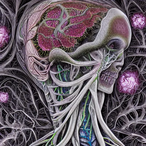 Image similar to a beautiful detailed photo of a rotten woman corpse morphing into fractal plants and fractal flowers and mushrooms, muscles, veins, anatomical, intricate, ornate, volumetric light, beautiful lit, alex grey