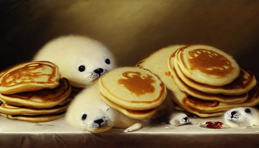 Image similar to highly detailed painting of cute furry white baby seals in a pile of jam pancakes on a table by william turner, by greg rutkowski, by william constable, thick brush strokes and visible paint layers, 4 k resolution