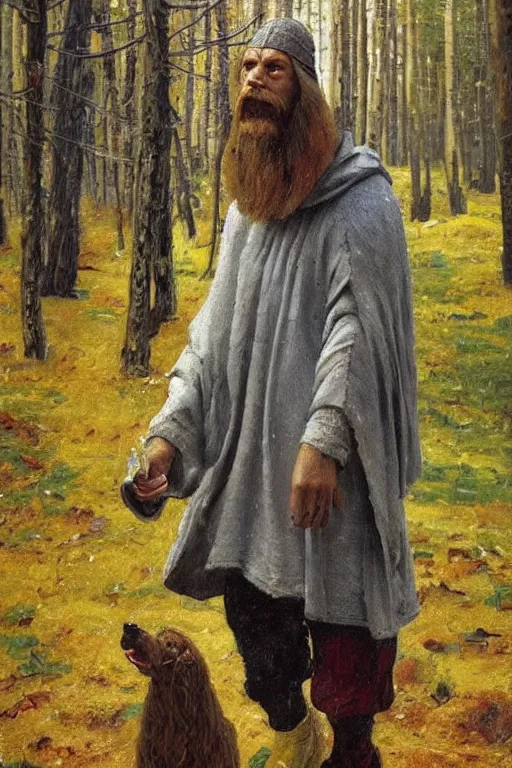 Prompt: Slavic dog head man, woolen torso in medieval clothes, walking in the forest, Orthodox Saint Christopher, oil painting, magic lights, painting by Viktor Vasnetsov, concept art, painting by Valentin Serov, hyperborea, beautiful dog head, hyperrealism, beautiful, high resolution, trending on artstation,