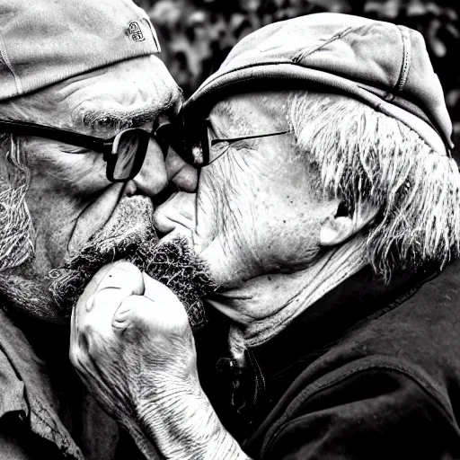 Prompt: portrait beautiful pig kissing dirty homeless old man