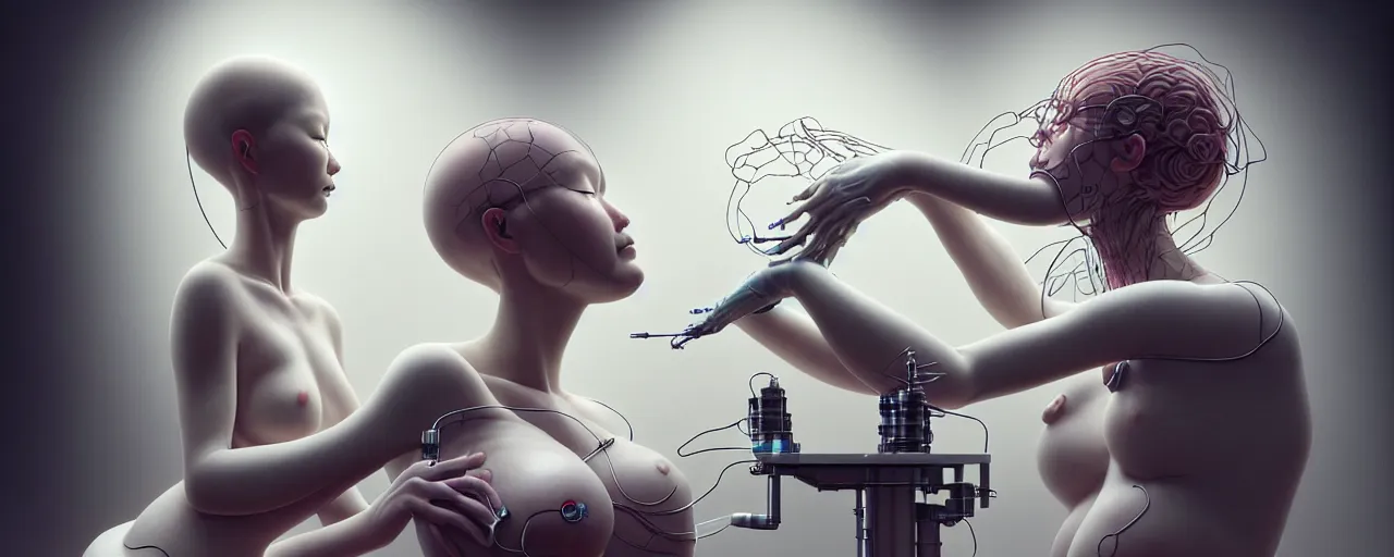 Image similar to hyperrealistic photography of a gorgeous female scientist constructing a birthing machine in the style of jin kagetsu, james jean, chris cunningham, hans bellmer and wlop, highly detailed, face symmetry, masterpiece, award - winning, sharp focus, intricate concept art, ambient lighting, 8 k, artstation