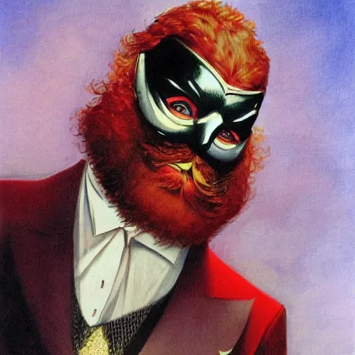 Prompt: a red bearded man wearing a purple luchadore mask and tuxedo, highly detailed, masterpiece, illustrated, art by boris vallejo