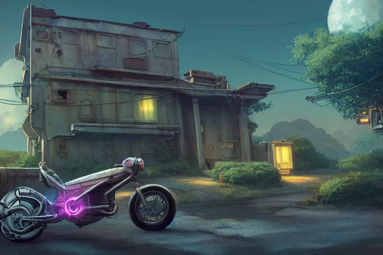 Image similar to retro futuristic science fiction motorcycle parked in front of a dilapidated old house, medium shot, studio Ghibli, Pixar and Disney animation, sharp, very detailed, high resolution, Rendered in Unreal Engine 5, anime key art by Greg Rutkowski, Bloom, dramatic lighting, colorful