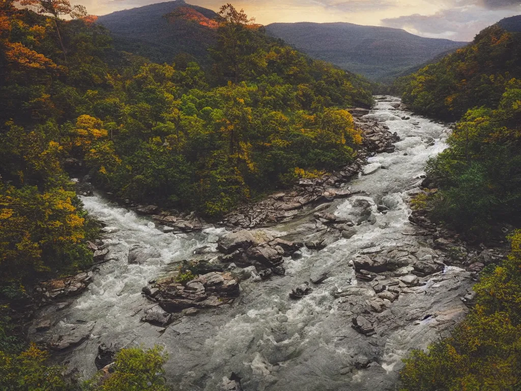 Image similar to “a river running through a canyon surrounded by mountains, a tilt shift photo by Frederic Church, trending on unsplash, hudson river school, photo taken with provia, national geographic photo, tilt shift”